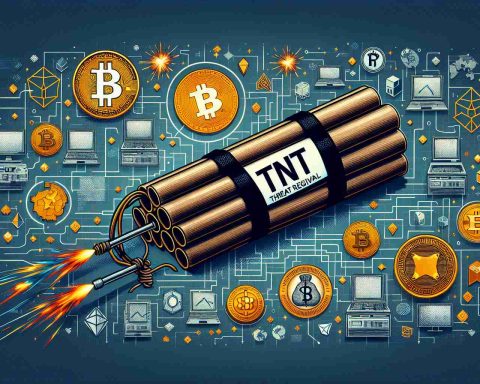 Generate a realistic high definition image illustrating the concept of a new threat revival, demonstrated through the metaphor of a classic TNT dynamite stick, which represents a harmful strategy in the digital environment, including cryptojacking symbolism such as blockchain icons, cryptocurrency coins, and computer networks.