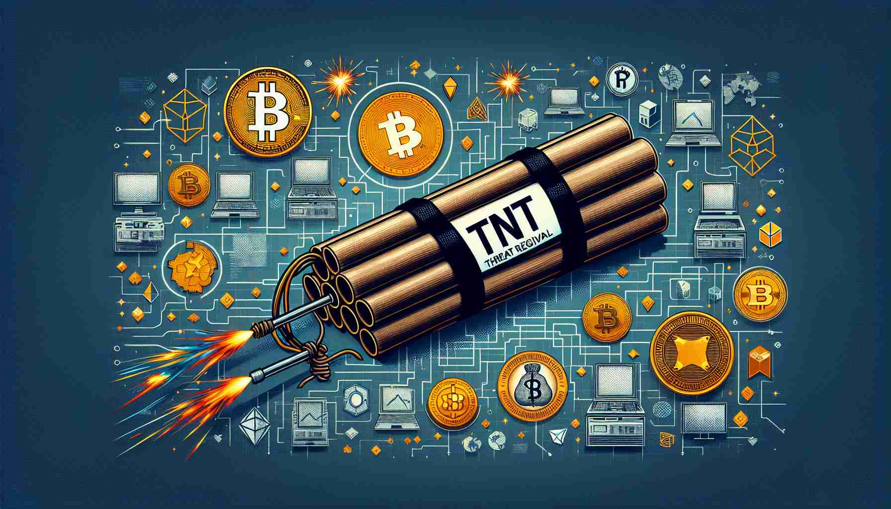 Generate a realistic high definition image illustrating the concept of a new threat revival, demonstrated through the metaphor of a classic TNT dynamite stick, which represents a harmful strategy in the digital environment, including cryptojacking symbolism such as blockchain icons, cryptocurrency coins, and computer networks.