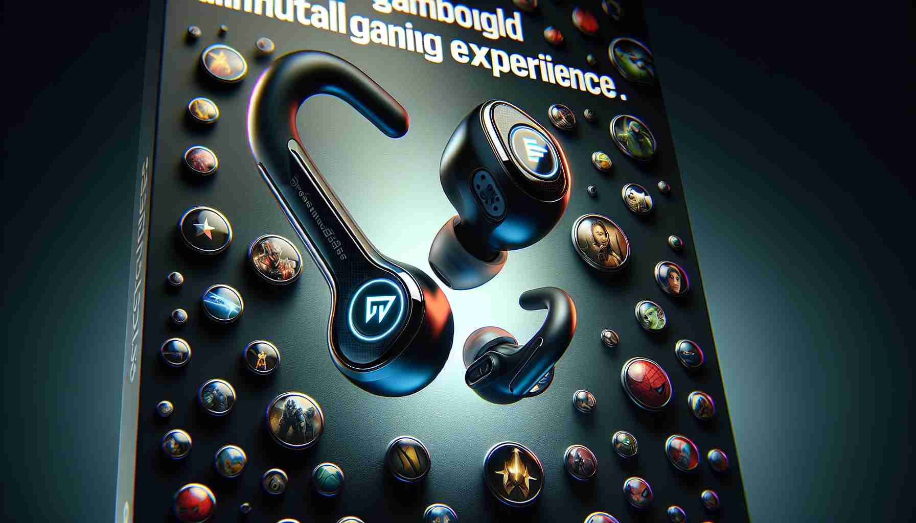 A detailed, true-to-life, high-definition image of a pair of cutting-edge wireless earbuds designed for ultimate mobile gaming experience. The earbuds are branded as 'GameBuds' and are manufactured by the recognized electronics company, 'SteelSeries'. They're showcased against a backdrop of ad design that alludes to a breakthrough moment in mobile gaming technology. Representative icons of various well-loved gaming genres are reflected in glossy surface of the earbuds, epitomizing the device's compatibility with a wide array of games.