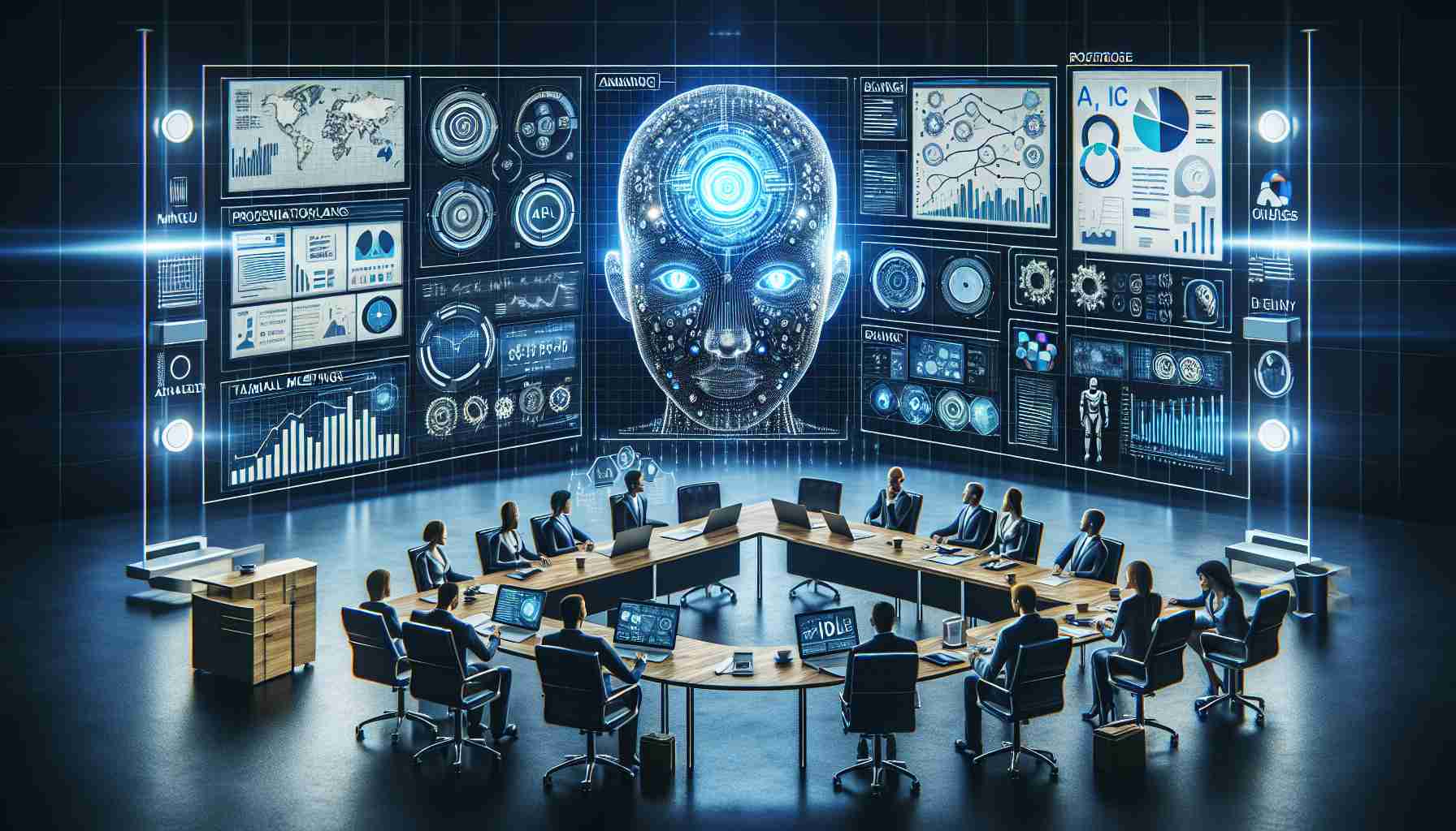 Create a realistic, high-definition graphic representation of a tech company preparing for the release of an upcoming artificial intelligence model by a leading technology research institution. The image should convey anticipation and preparedness, with elements such as presentation slides, business plan documents, computer screens showing AI related data, conference room meetings, and team discussions.