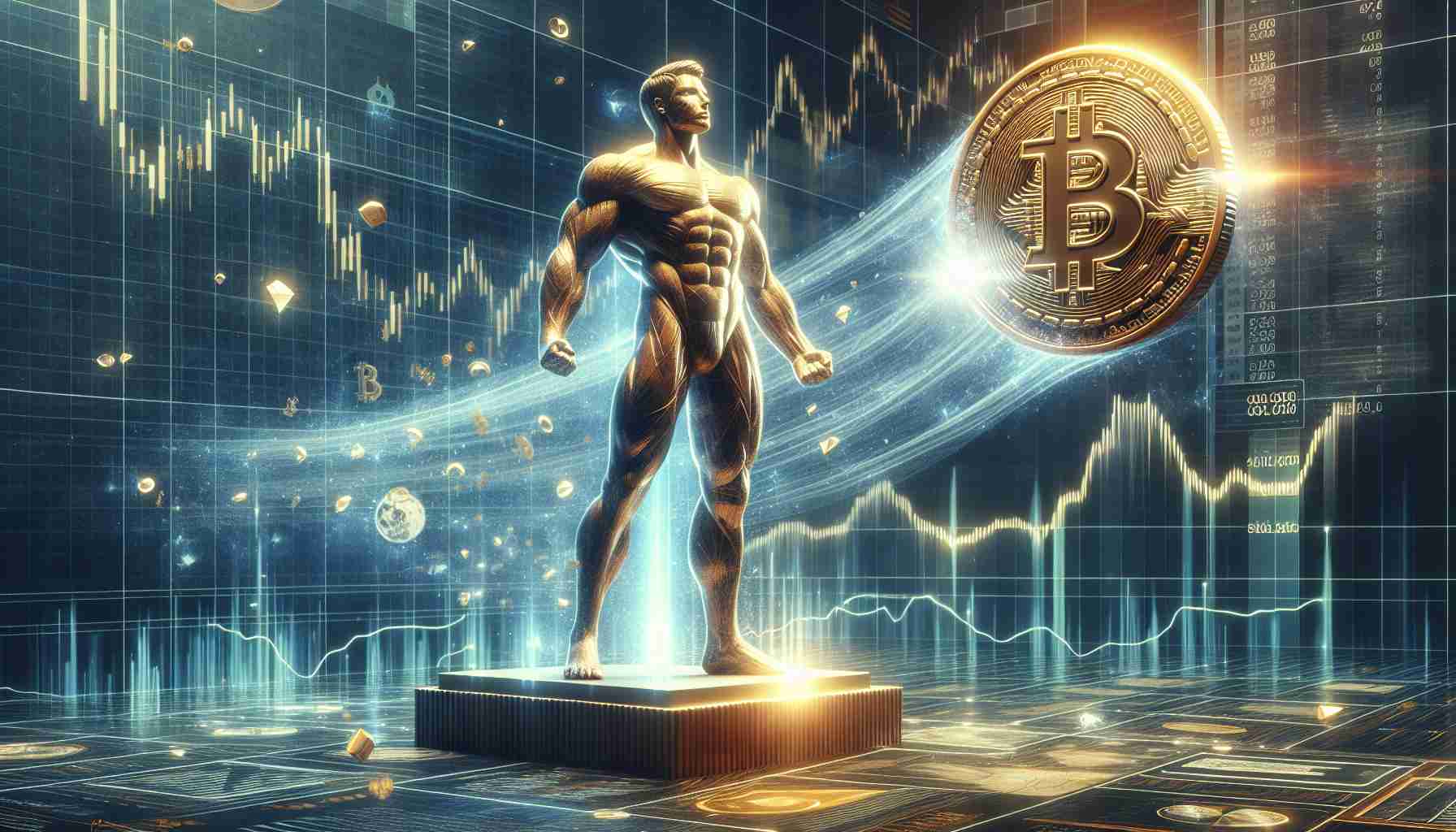 Create a realistic and high-definition image that visualizes the concept 'Bitcoin Strengthens Amid Accumulation Shift'. This could be represented by a strong, muscular figure, embodying Bitcoin, standing firm on a platform indicating stability. This figure is surrounded by a flow of energy or light, symbolizing the accumulation shift. The background could be filled with vague visualization of financial chart and data analytics graph to signify the economic context of the phrase.