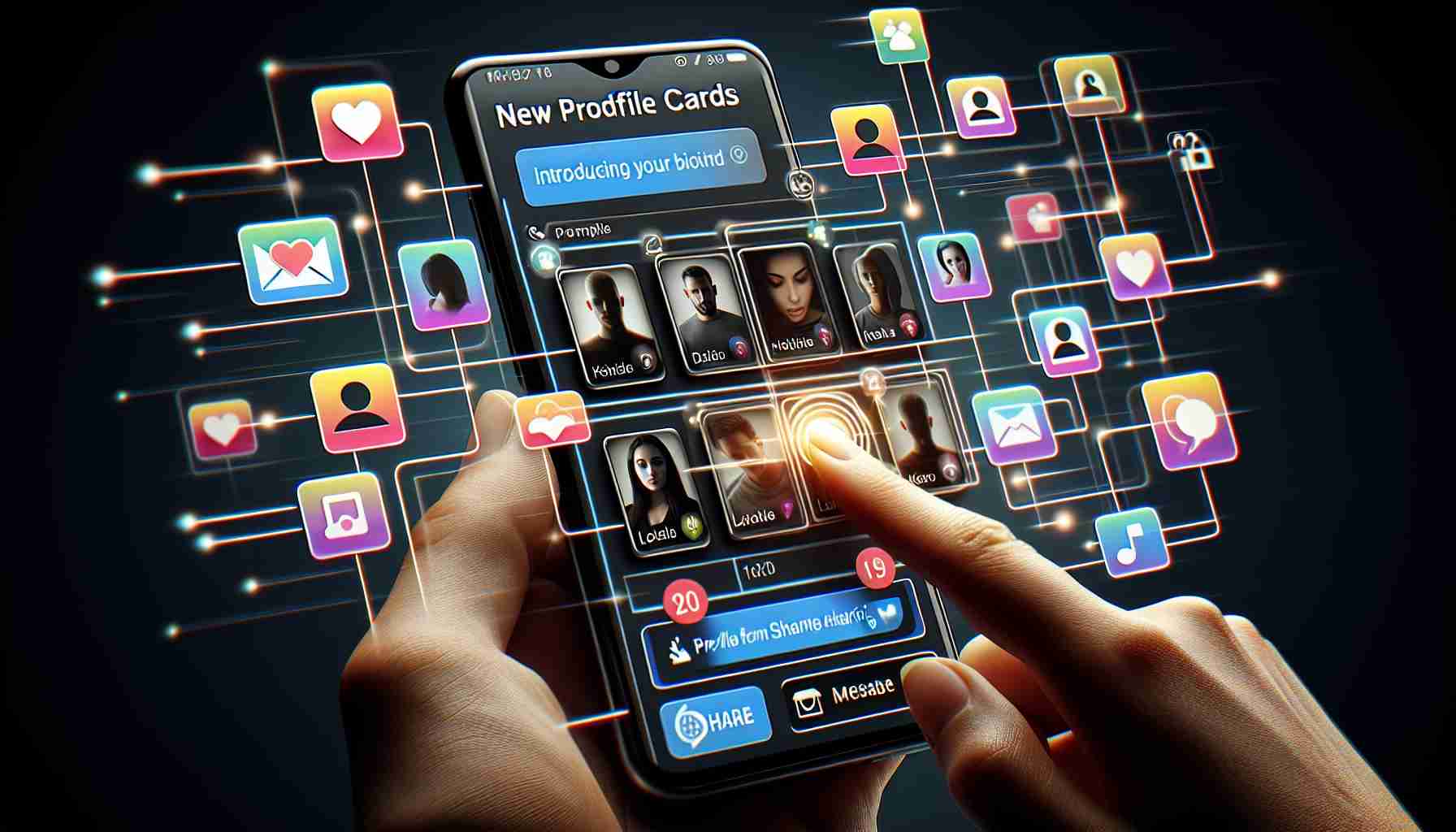 A high-definition, realistic image showcasing the concept of an innovative social media platform introducing new profile cards for seamless sharing. It should depict the screen of a modern smartphone containing the user interface of the platform with distinct, eye-catching profile cards neatly arranged. Maybe include virtual hands interacting with the touch screen, to imply the sharing process. In addition, include icons and buttons typically found on social media platforms, such as a like button, share button, notification bell, and message box.