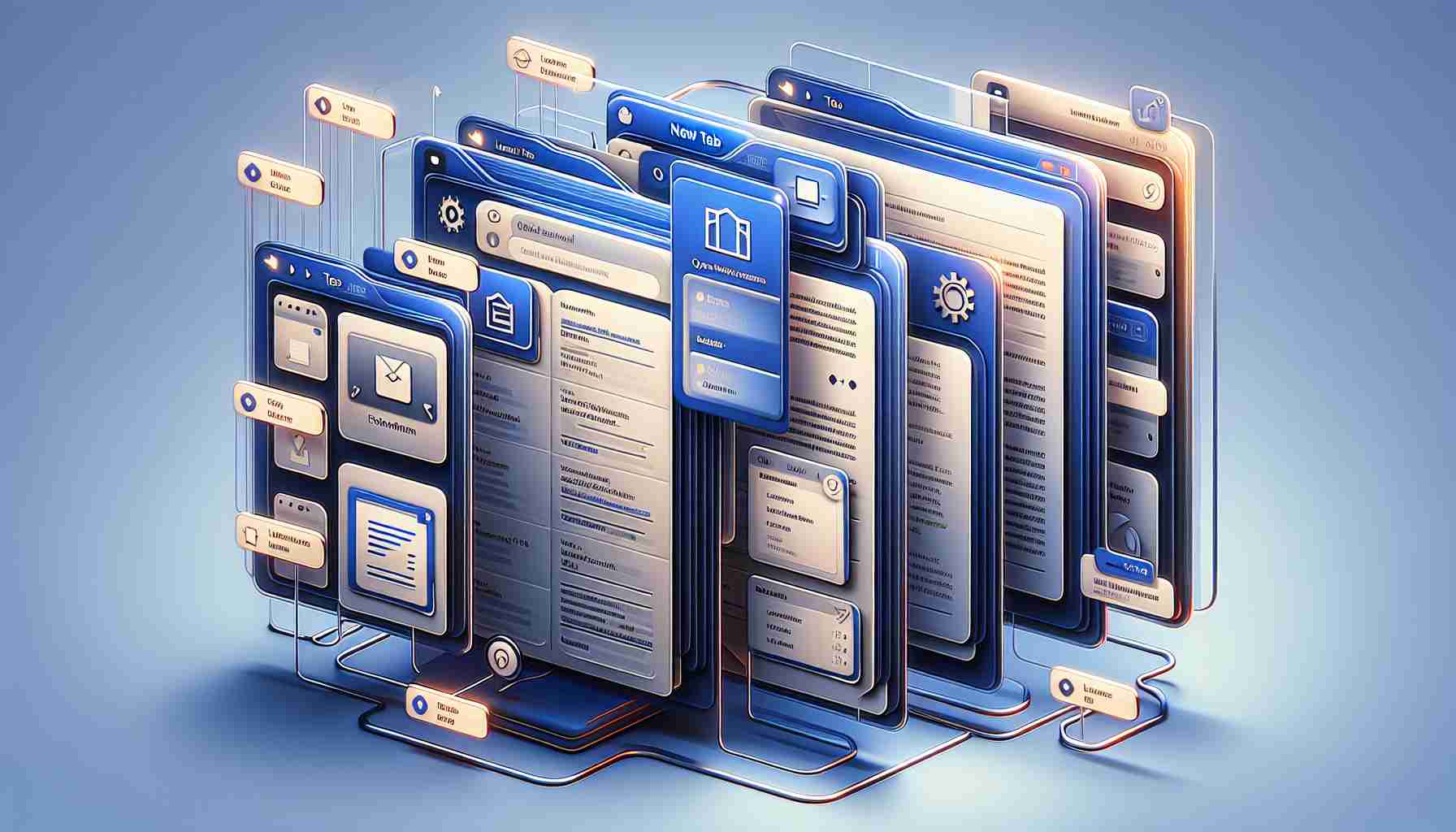 Generate a realistic, high-definition image of a sophisticated document management interface. Display the new tabs feature mimicking popular cloud-based document services. The interface should show open tabs for various types of documents, like research papers, business plans, and personal journals. Demonstrate a user-friendly, clean and organized layout with a modern aesthetic and easy-to-navigate controls. Colors should be soft yet contrasting to allow easy identification of individual tabs and sections.