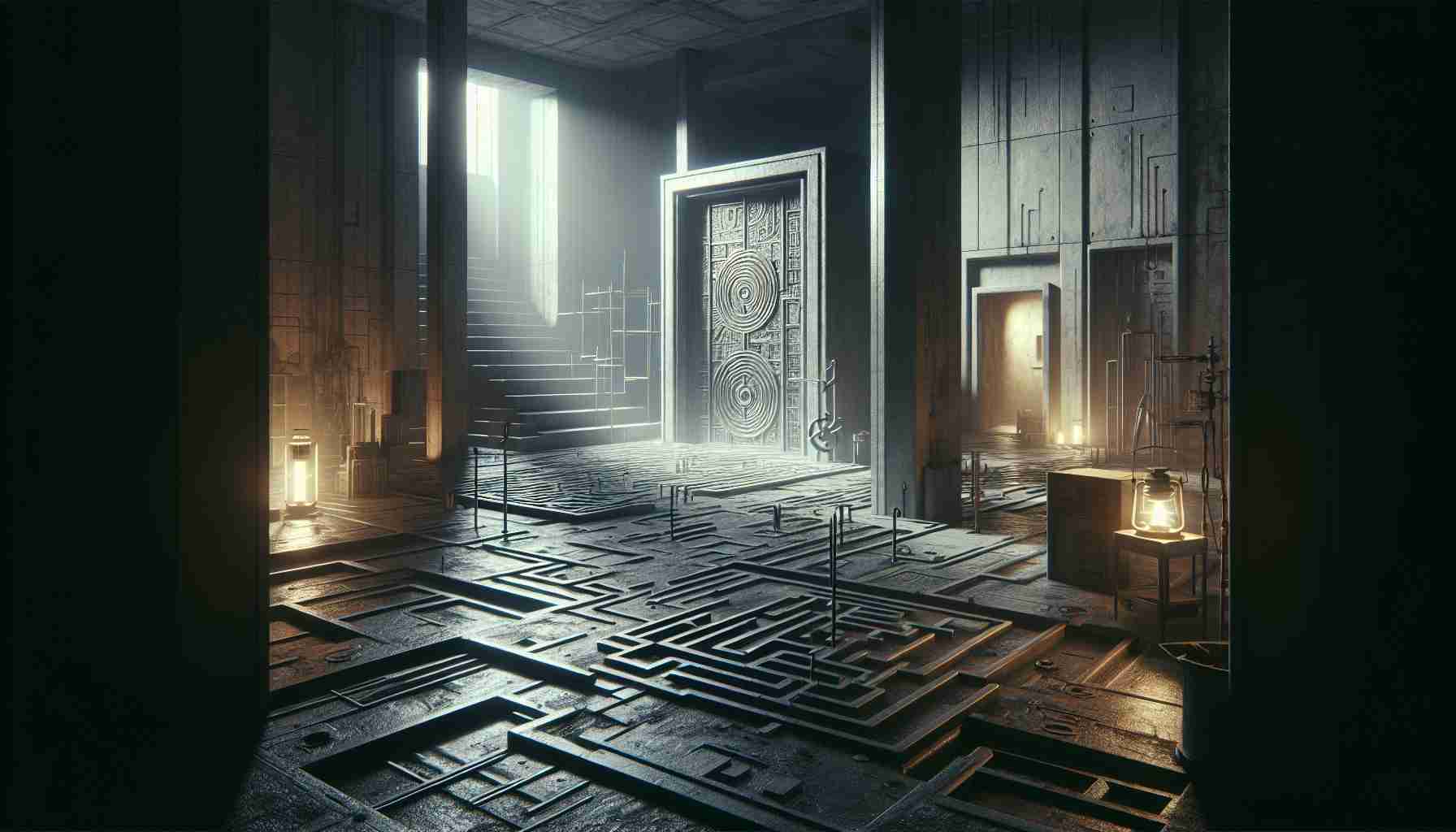 Render a hyper-realistic HD image that encapsulates the following concept: the second season of an engaging, fictitious TV series named 'Silo'. Scene should be rich in intensity and suspense, alluding to fresh mysteries and unexpected plot twists. Use visual symbols to hint at enigmas and twists, such as obscured doors, complicated mazes, or twisting paths. Emphasize the feeling of anticipation and surprises, while keeping the mood dark and atmospheric, in line with common themes associated with thriller series.