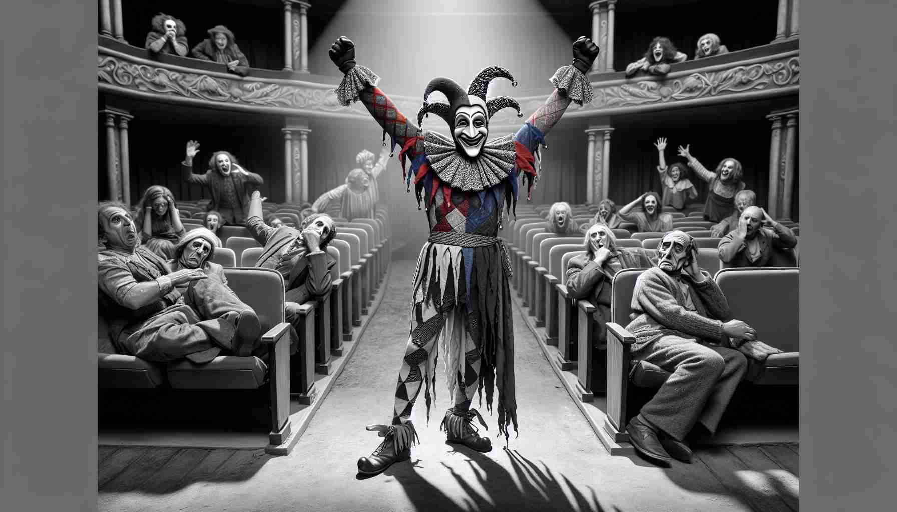 A photo-realistic, high-definition image of a jester character triumphing in a theater despite competition. The jester character, not associated with any known copyrighted figures, embodies a mix of whimsical and eerie elements. His costume is a patchwork of monochrome colors, adorned with bright red and blue details that pop against the grayscale ensemble. In the theater, he is basking in the spotlight, a picture of victory, with other competing performers in the background who are shown as shadowy figures full of expressive despair, disappointment, and defeat.