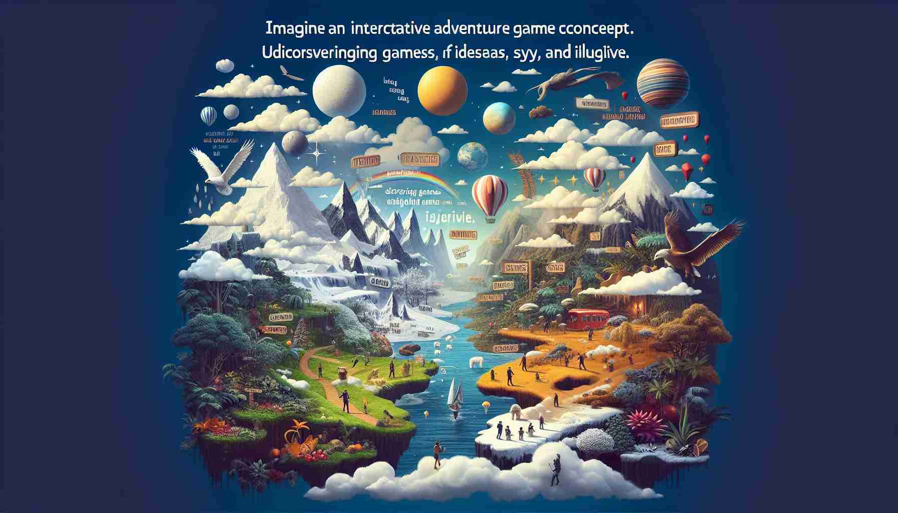 Imagine an interactive adventure game concept. In this concept, text is the main element but it's unusual, sly, and elusive. The game's setting is a mysterious world, full of different terrains and climates such as snowy mountains, tropical forests, and arid deserts. There are strands of ideas, experiences, and stories that players can discover and follow. There's an important element of play in this world, discovering the games and challenges within the world itself is the main objective. This results in a deeply engaging world which invites exploration. Create an HD image that visually captures this adventurous, playful, and mysterious world.