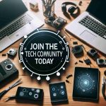 An image representing the concept of joining a online tech community today. The image showcases computer devices like laptops and smartphones on a desk, perhaps with some tech gadgetry scattered around. A text overlay that says 'Join the Tech Community Today' is prominently displayed.