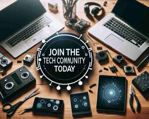 An image representing the concept of joining a online tech community today. The image showcases computer devices like laptops and smartphones on a desk, perhaps with some tech gadgetry scattered around. A text overlay that says 'Join the Tech Community Today' is prominently displayed.