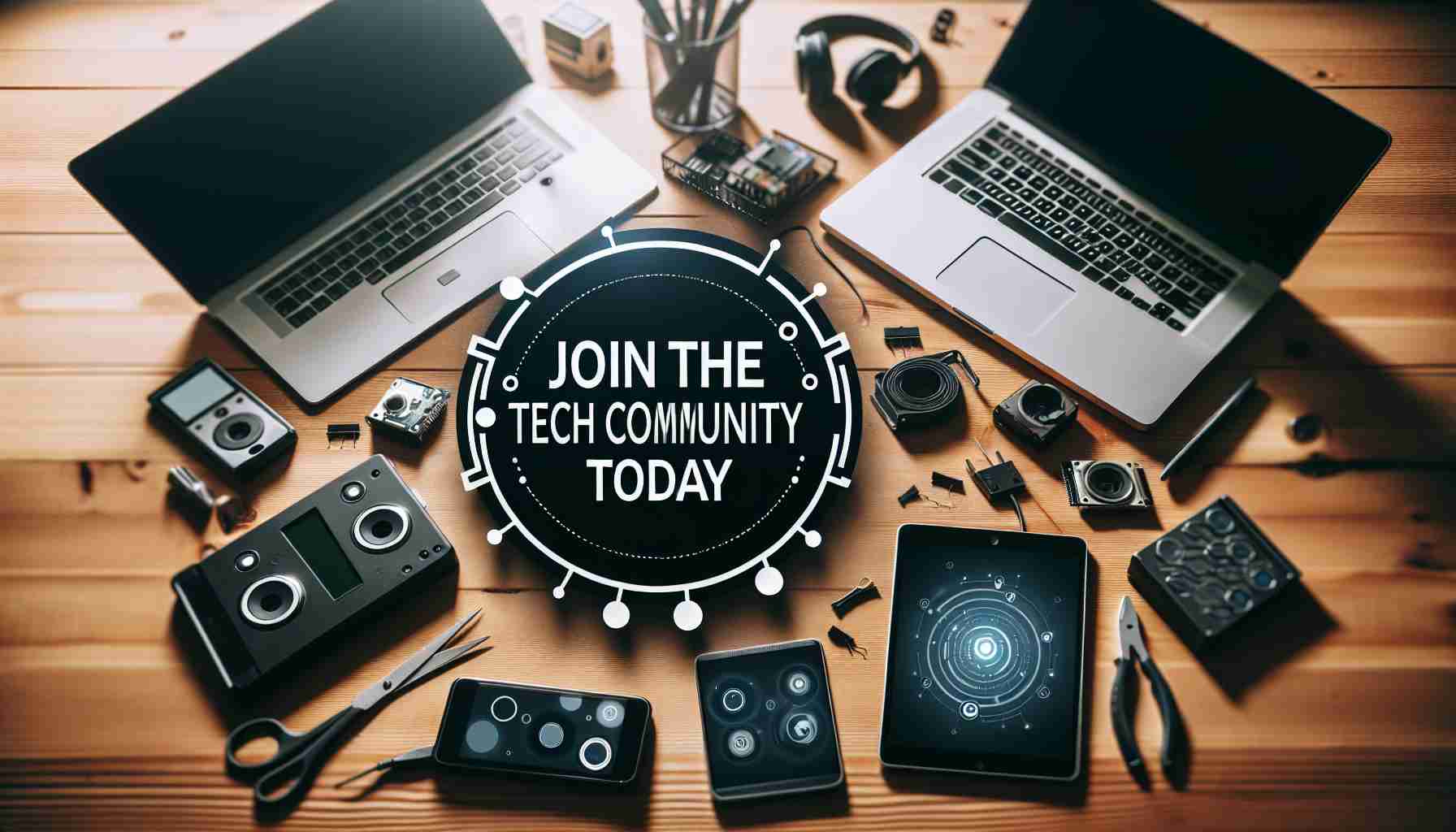 An image representing the concept of joining a online tech community today. The image showcases computer devices like laptops and smartphones on a desk, perhaps with some tech gadgetry scattered around. A text overlay that says 'Join the Tech Community Today' is prominently displayed.