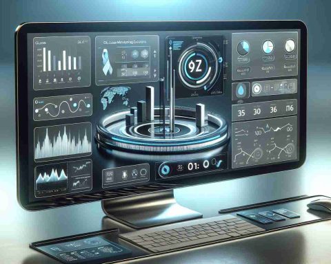 A high definition, realistic image depicting a conceptual scene of innovative software exploring glucose monitoring solutions. The scene includes a digital monitor screen displaying various bar charts, pie charts, line graphs and other statistical data related to glucose levels. The software interface has sleek, modern design aesthetics with buttons, dialog boxes and other interactive elements specifically designed for glucose tracking. The background features glossy metallic tones and sleek lines suggestive of cutting-edge technology.