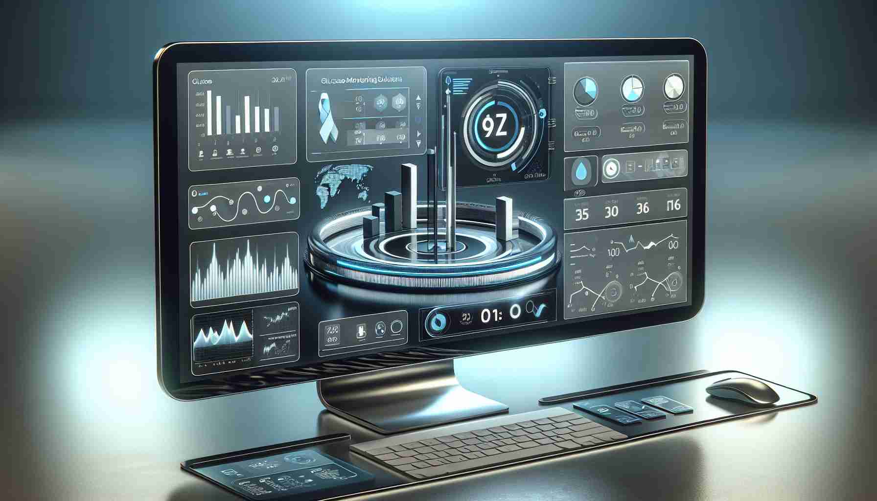 A high definition, realistic image depicting a conceptual scene of innovative software exploring glucose monitoring solutions. The scene includes a digital monitor screen displaying various bar charts, pie charts, line graphs and other statistical data related to glucose levels. The software interface has sleek, modern design aesthetics with buttons, dialog boxes and other interactive elements specifically designed for glucose tracking. The background features glossy metallic tones and sleek lines suggestive of cutting-edge technology.