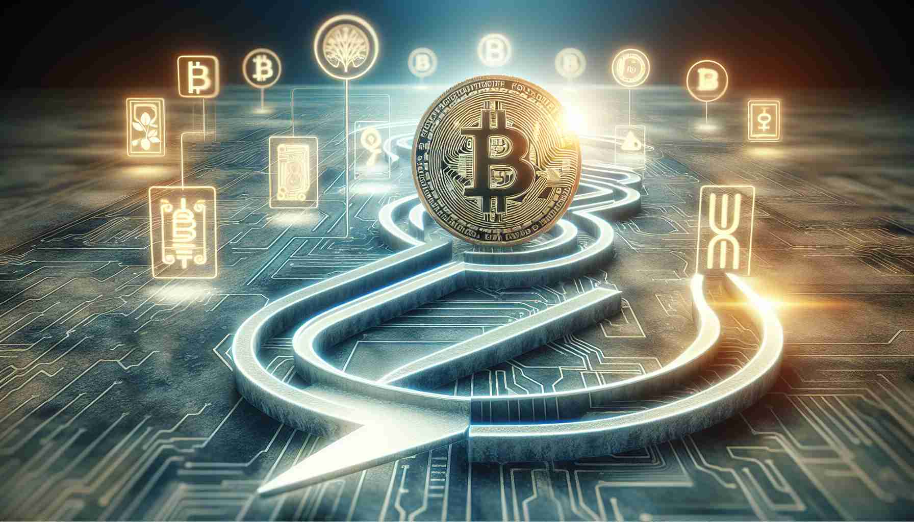 Realistic high definition photo featuring the concept of Bitcoin as a pathway to financial inclusion against traditional banking. The photo should visually represent this theme by showcasing a pathway, perhaps an abstract or symbolic one, leading towards a symbol representing Bitcoin, with imagery of traditional banking fading or appearing less prominent in the background. The general tone should be one of progress and innovation.