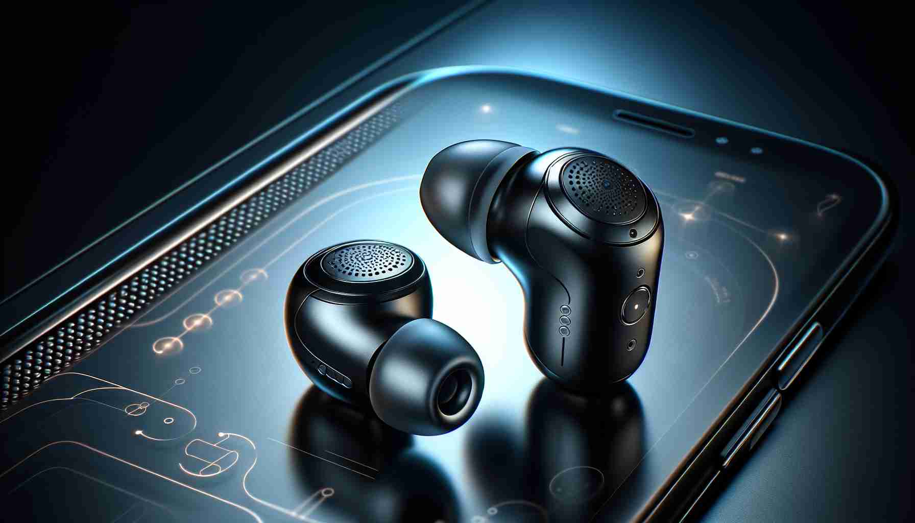 Detail-rich, high-definition image showcasing the most recent advancements in true wireless earbuds. The image should highlight the elegant design, compact and sleek form factor of the earbuds. Each earbud should appear to be free-standing, meaning they are not physically connected by a wire or cord. The earbuds can be envisioned in a high-tech environment, with subtle hints of cutting-edge technology such as touch controls, advanced pairing features, noise cancellation capabilities, and outstanding audio quality.