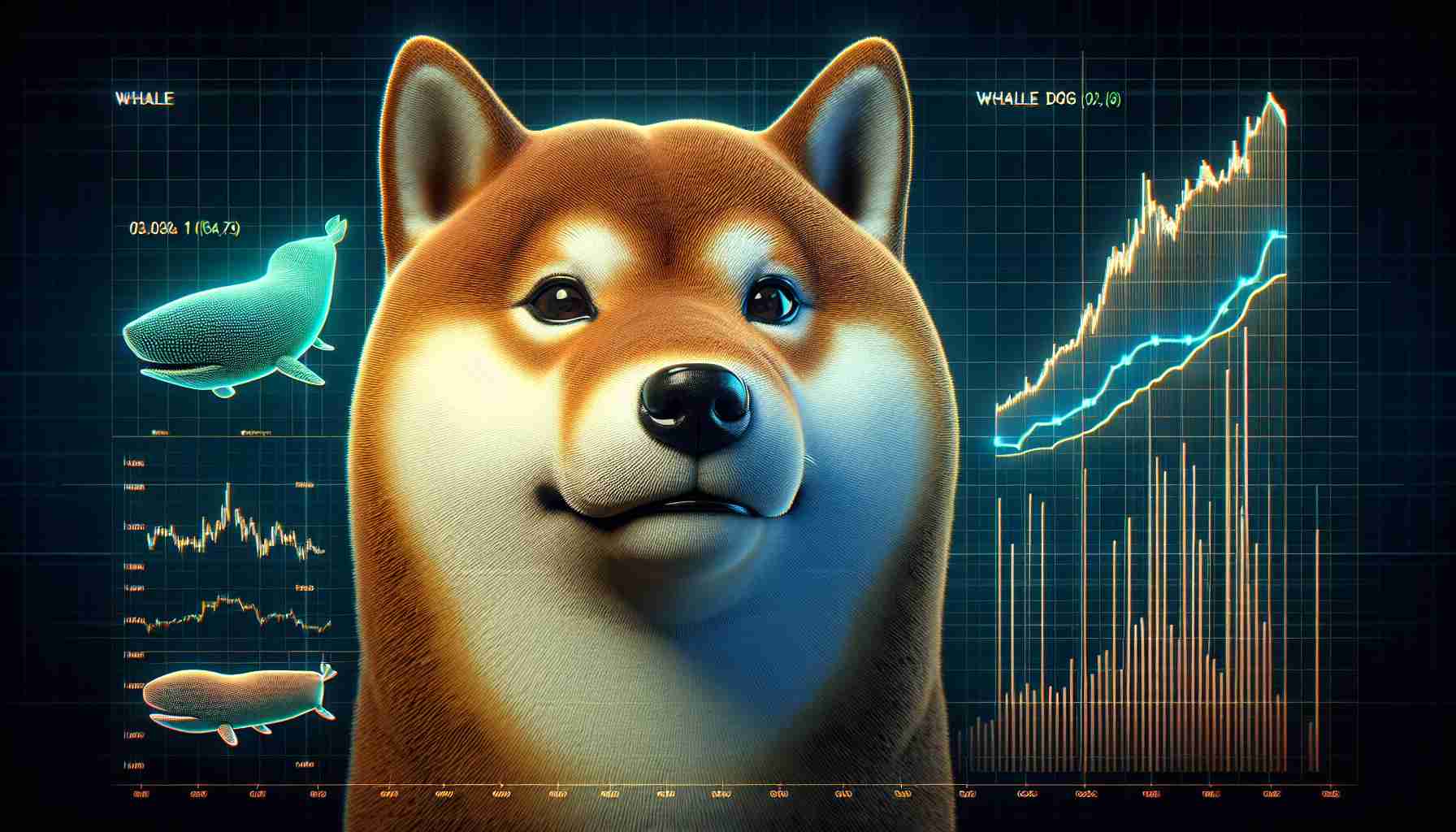 A high-definition, lifelike image displaying the facial features of a Shiba Inu dog, a symbol commonly associated with cryptocurrency trading. Adjacent to the Shiba Inu, there are graphs and charts that depict a decline in whale transactions, which are large cryptocurrency trades often made by highly influential traders.