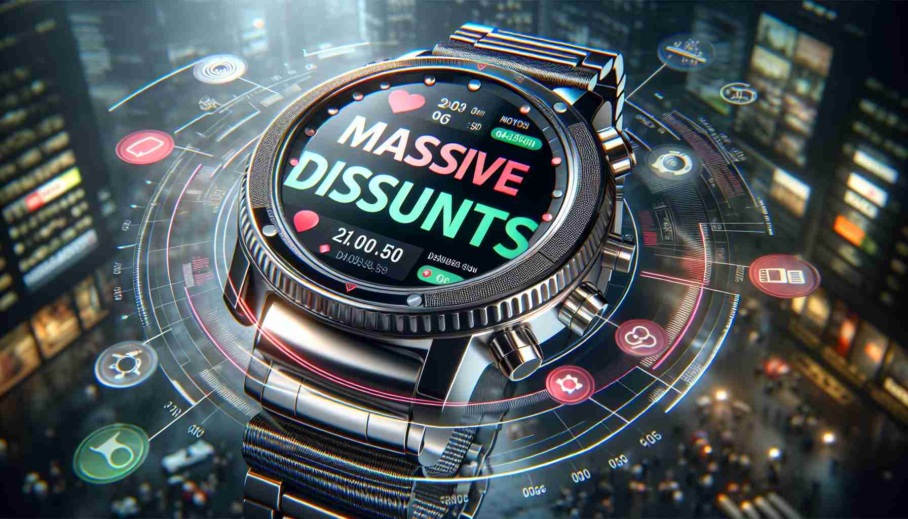 Realistic, high-definition image of a significant price reduction on a generic smartwatch during an online marketplace sale. The smartwatch is prominently featured with details such as its round screen, metallic band, and various function icons shown on the screen. The words 'Massive Discounts' are displayed brightly and boldly above the smartwatch. A background depicting a bustling digital marketplace sale sets the scene.