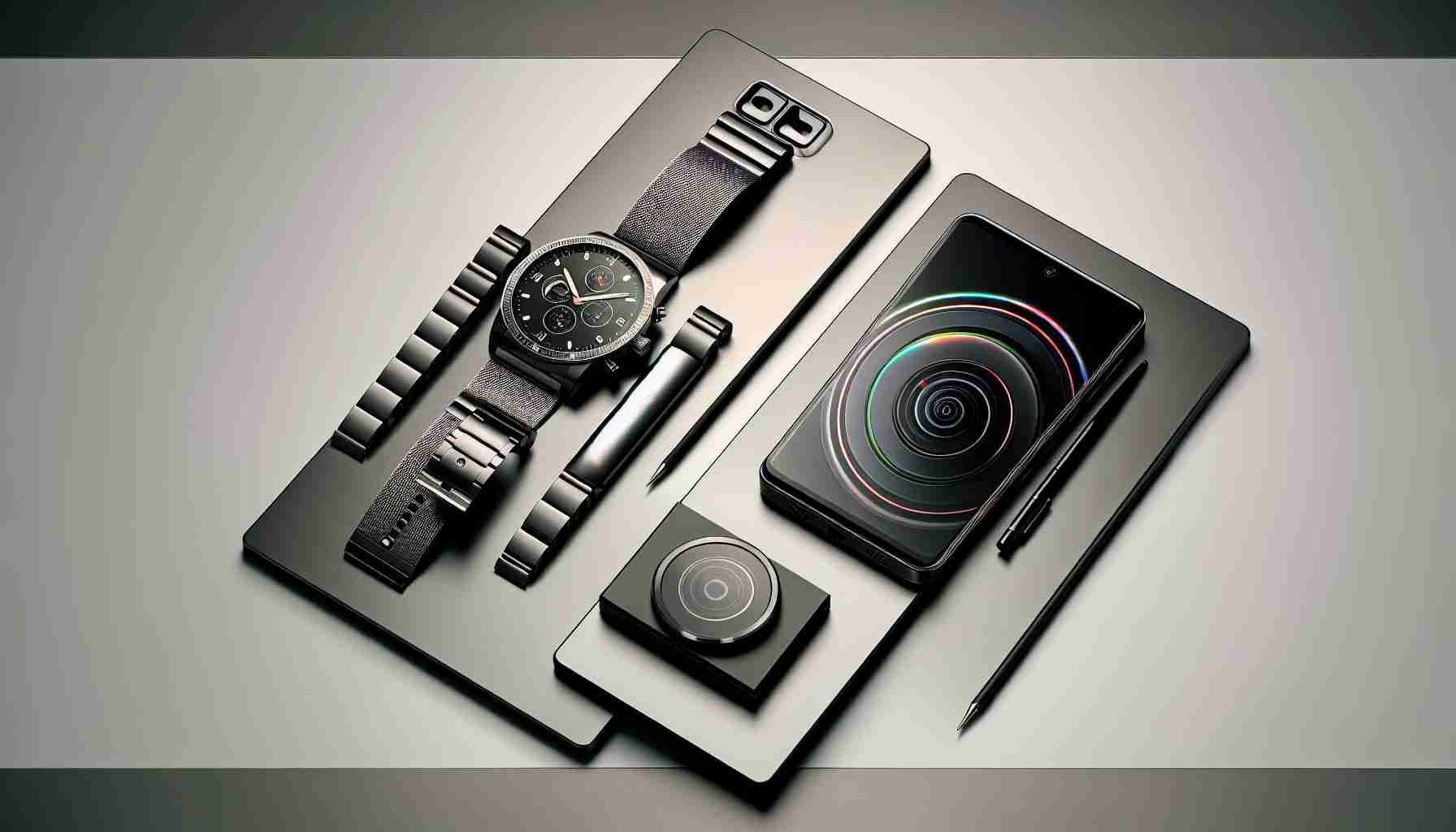 Create an image that showcases a top-of-the-line smartphone and a high-tech wrist watch made from titanium. The phone should have a large, crisp display and a professional-grade camera, while the watch should feature a sleek titanium band and be loaded with advanced features. They should be arranged meticulously on a clean, minimalist background, indicative of the process of carefully choosing the perfect tech duo.