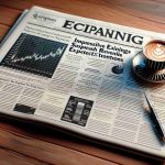 A detailed and realistic high-definition image of a financial newspaper headline reading, 'Impressive Earnings Surpass Revenue Expectations', signifying a successful quarter for a major technology company. The newspaper is placed on a wooden table, the page is opened to reveal related articles and graphs, illustrating the economic trend. A fine quality pinstriped cup of cappuccino is placed next to it.