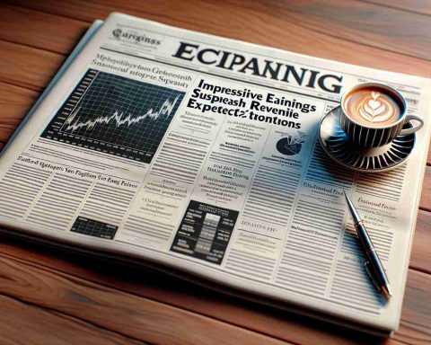 A detailed and realistic high-definition image of a financial newspaper headline reading, 'Impressive Earnings Surpass Revenue Expectations', signifying a successful quarter for a major technology company. The newspaper is placed on a wooden table, the page is opened to reveal related articles and graphs, illustrating the economic trend. A fine quality pinstriped cup of cappuccino is placed next to it.