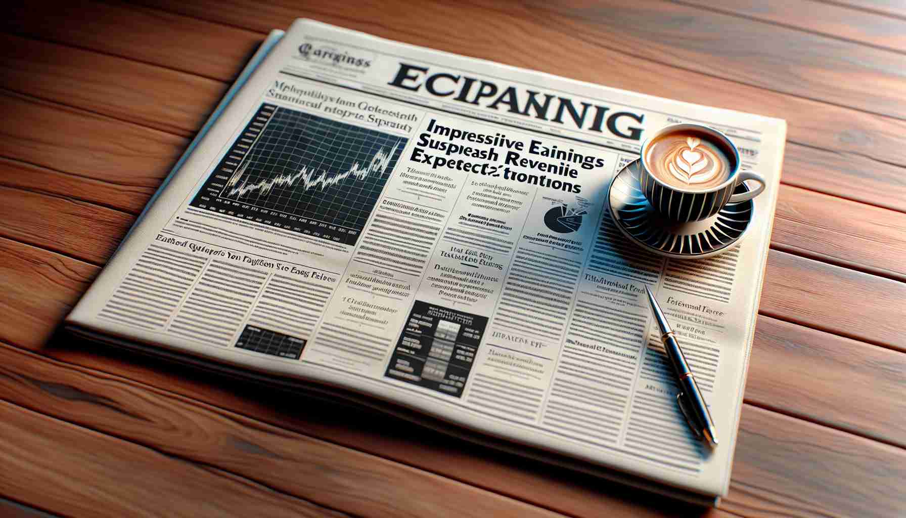 A detailed and realistic high-definition image of a financial newspaper headline reading, 'Impressive Earnings Surpass Revenue Expectations', signifying a successful quarter for a major technology company. The newspaper is placed on a wooden table, the page is opened to reveal related articles and graphs, illustrating the economic trend. A fine quality pinstriped cup of cappuccino is placed next to it.