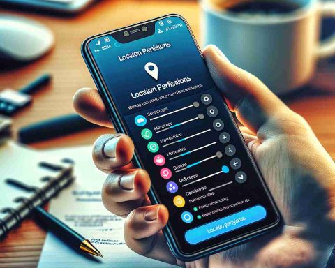 High definition image showcasing a realistic portrayal of managing location permissions on mobile devices. The scene should include a close-up view of a mobile device screen displaying the settings for location permissions, with various toggles indicating whether the permissions for different apps are enabled or disabled. The device should be held in someone's hand, with the fingers gently gripping the sides of the device. The backdrop should be a blurred display of office desk with a cup of coffee, a notebook, and pen in sight. Colors should be vibrant but aesthetic, demonstrating high contrast yet well balanced.