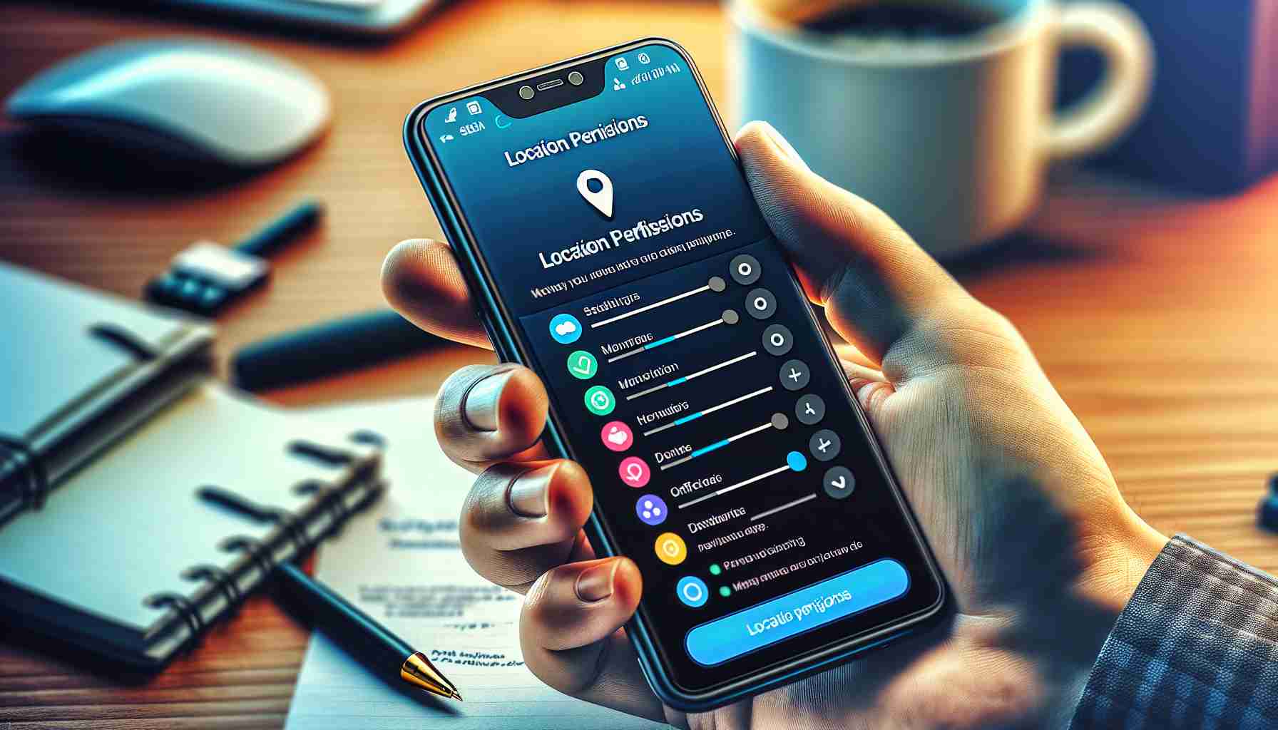 High definition image showcasing a realistic portrayal of managing location permissions on mobile devices. The scene should include a close-up view of a mobile device screen displaying the settings for location permissions, with various toggles indicating whether the permissions for different apps are enabled or disabled. The device should be held in someone's hand, with the fingers gently gripping the sides of the device. The backdrop should be a blurred display of office desk with a cup of coffee, a notebook, and pen in sight. Colors should be vibrant but aesthetic, demonstrating high contrast yet well balanced.