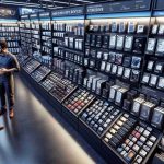 A detailed, high-resolution image of a well-organized electronics store. Display shelves around the perimeter of the store are lined with various storage devices for computers and other electronic devices. From solid-state drives (SSDs) to hard disk drives (HDDs), flash drives to SD cards, the assortment is extensive. Each section is clearly labeled with information about the storage device's capacity, speed, and compatible devices. A knowledgeable store employee, a Middle-Eastern woman, is assisting a Caucasian customer, guiding him to choose the right storage device for his next purchase.