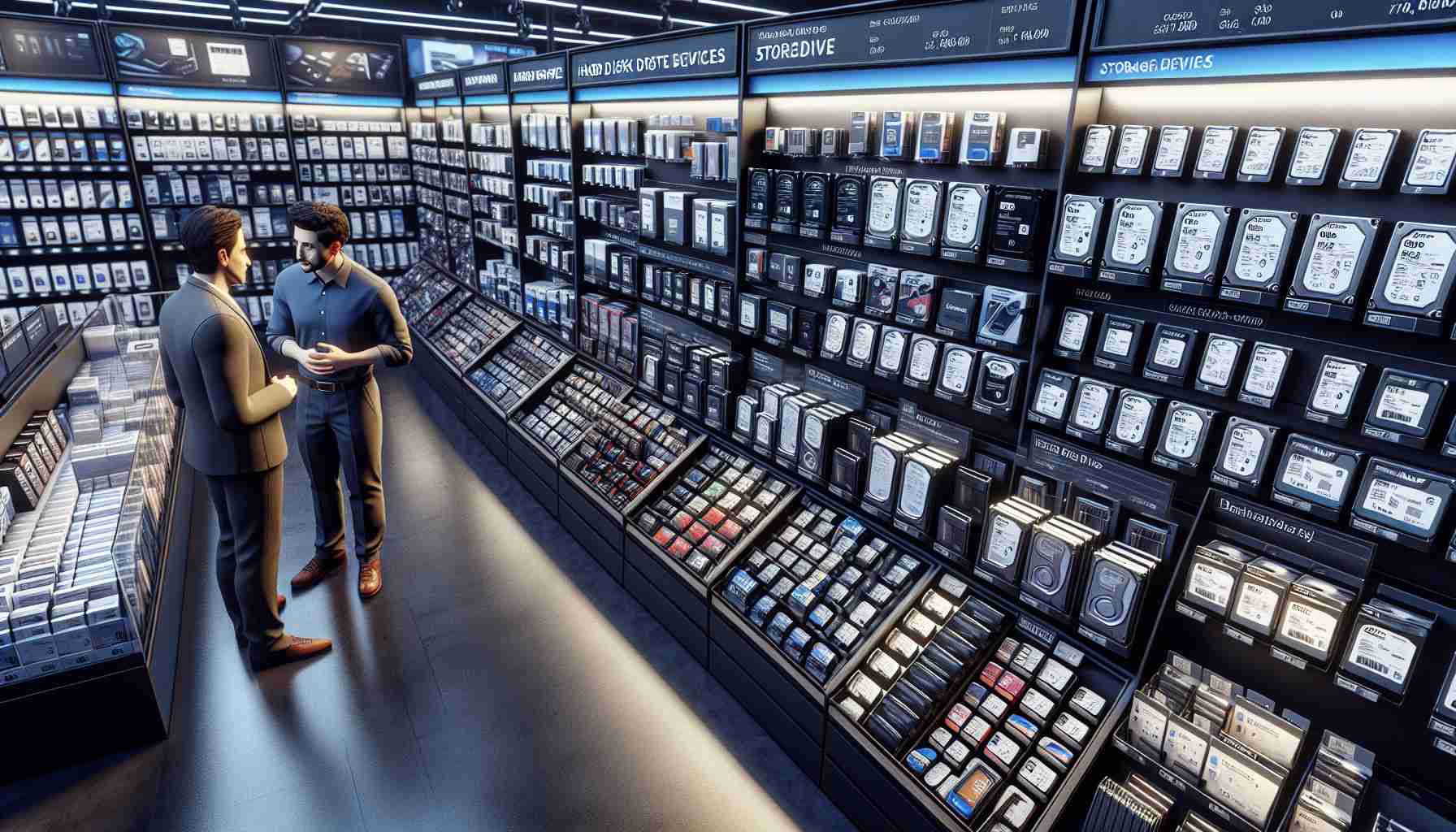 A detailed, high-resolution image of a well-organized electronics store. Display shelves around the perimeter of the store are lined with various storage devices for computers and other electronic devices. From solid-state drives (SSDs) to hard disk drives (HDDs), flash drives to SD cards, the assortment is extensive. Each section is clearly labeled with information about the storage device's capacity, speed, and compatible devices. A knowledgeable store employee, a Middle-Eastern woman, is assisting a Caucasian customer, guiding him to choose the right storage device for his next purchase.