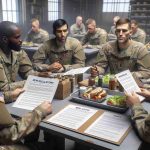 A high-definition, realistic image that shows the new regulations impacting soldiers regarding food and drug use. The scenario should feature several soldiers of diverse gender and different descents such as Caucasian, African, South Asian and Hispanic, reading and discussing regulations in a military setting, possibly a briefing room or cafeteria. On the table, there might be documents outlining the new rules, along with health-oriented food options denoting an emphasis on healthier diets. The soldiers engage in serious conversation, underlining the gravity of the new regulations.