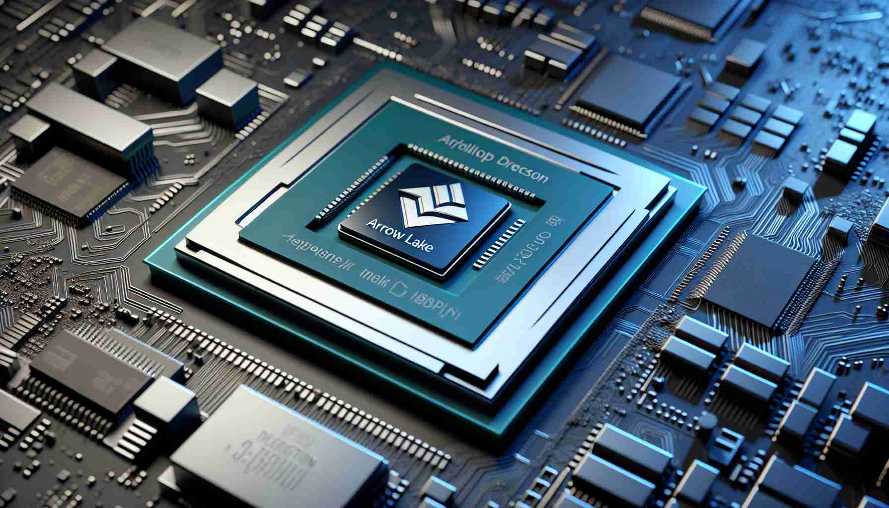 An intricately detailed realistic HD image representing the unveiling of a new desktop processor by a leading tech company. The processor is labeled as 'Arrow Lake' and is being presented with a sense of anticipation and excitement. Include subtle design elements like microchips and circuit diagrams to highlight the high-tech aspect of the event.