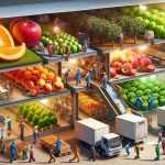 A realistic, high-definition image representing the hidden journey of our food, specifically exploring the cold chain. The scene shows various stages in the process: ripe fruits being picked in an orchard by a diverse group of farm workers; the food being cleaned and sorted in a processing facility by workers of different descents and genders; then being packed into refrigerated trucks, driven by men and women of different races. In each case, the food is depicted passing from warmer to colder environments to emphasize the importance of the cold chain in preserving freshness.