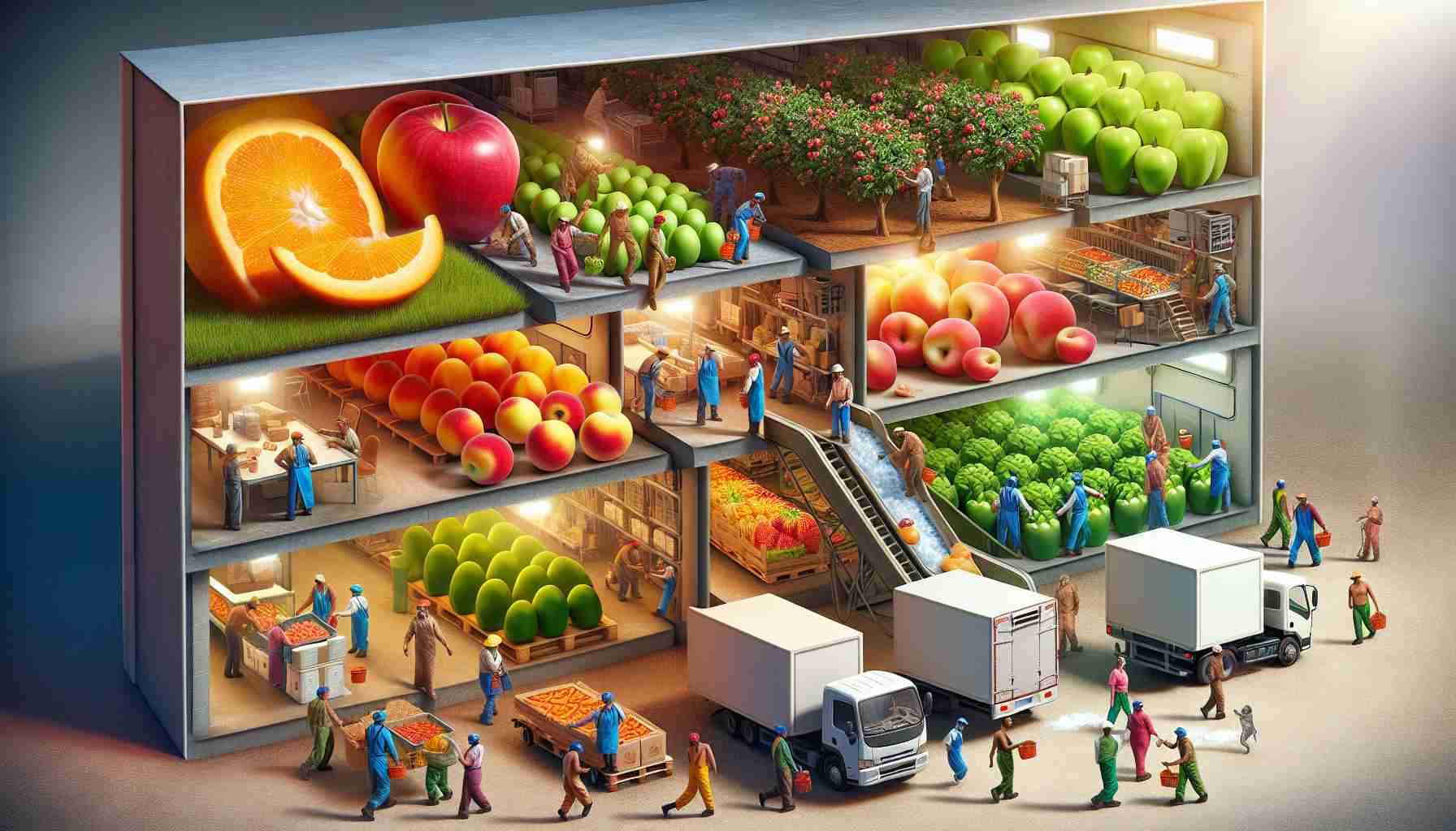 A realistic, high-definition image representing the hidden journey of our food, specifically exploring the cold chain. The scene shows various stages in the process: ripe fruits being picked in an orchard by a diverse group of farm workers; the food being cleaned and sorted in a processing facility by workers of different descents and genders; then being packed into refrigerated trucks, driven by men and women of different races. In each case, the food is depicted passing from warmer to colder environments to emphasize the importance of the cold chain in preserving freshness.