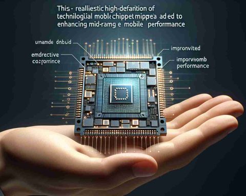 A realistic high-definition image depicting the unveiling of a new, unnamed technological mobile chipset aimed at enhancing mid-range mobile performance. The chipset should be visually interesting, showcasing its various distinct components. Alongside the chipset, there should be descriptive graphics or text that conceptually represent improved phone performance.