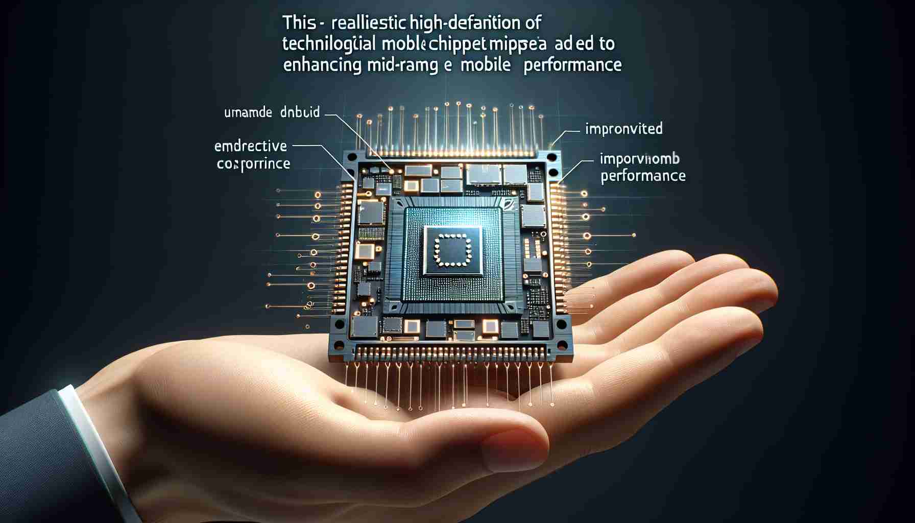 A realistic high-definition image depicting the unveiling of a new, unnamed technological mobile chipset aimed at enhancing mid-range mobile performance. The chipset should be visually interesting, showcasing its various distinct components. Alongside the chipset, there should be descriptive graphics or text that conceptually represent improved phone performance.