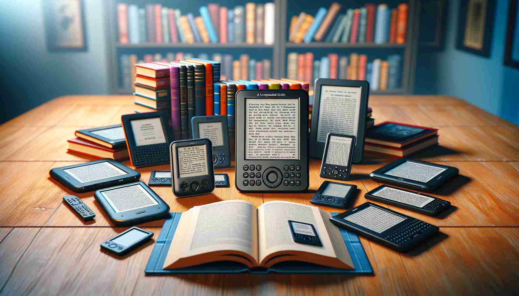 Create a high definition, realistic image that represents the concept of 'Choosing the Right E-Reader: A Comprehensive Guide'. The image should feature a variety of e-readers placed on a table. The e-readers can differ in size, shape, and color. Along with the e-readers, we see an open guidebook next to the devices. The cover of the book should read 'A Comprehensive Guide' while illustrating an image of an e-reader. The setting should be a well-lit study room with books in the background, suggesting a scholarly and technology-friendly environment.