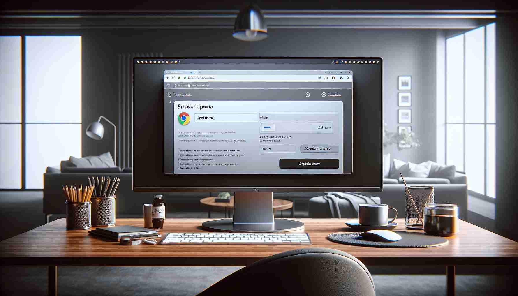A highly detailed, HD depiction of a computer screen displaying a message prompting for a browser update. The screen is part of a modern desktop setup, with the computer monitor centrally positioned, showing the browser update window open. The update window includes various options like 'Update Now', 'Schedule Later', and 'More Details'. The table also holds a keyboard, mouse, and a cup of coffee, subtly alluding to the routine of daily office work. The surrounding room has a contemporary aesthetic, with muted walls and minimalist decor, symbolizing optimized web experience.