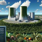 Generate a realistic, high-definition image showing a representation of Amazon Rainforest area embracing nuclear energy for sustainable growth. The scene should show a large nuclear power plant, with lot of greenery around it, signifying it's located in the heart of Amazon. The sky is clear blue with few white puffy clouds. The rainforest around the plant is lush and healthy, featuring abundant wildlife like birds, monkeys, and insects. In the foreground, there should be an information board that reads 'Nuclear Energy for Sustainable Growth'. Note that 'Amazon' refers to the tropical rainforest area in South America, not the multinational technology company.