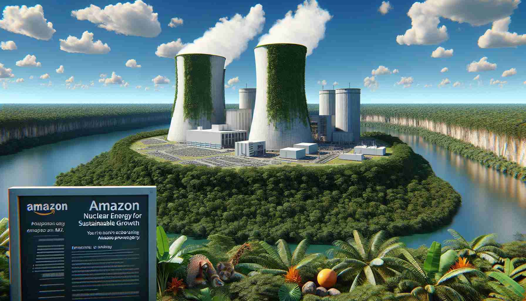 Generate a realistic, high-definition image showing a representation of Amazon Rainforest area embracing nuclear energy for sustainable growth. The scene should show a large nuclear power plant, with lot of greenery around it, signifying it's located in the heart of Amazon. The sky is clear blue with few white puffy clouds. The rainforest around the plant is lush and healthy, featuring abundant wildlife like birds, monkeys, and insects. In the foreground, there should be an information board that reads 'Nuclear Energy for Sustainable Growth'. Note that 'Amazon' refers to the tropical rainforest area in South America, not the multinational technology company.