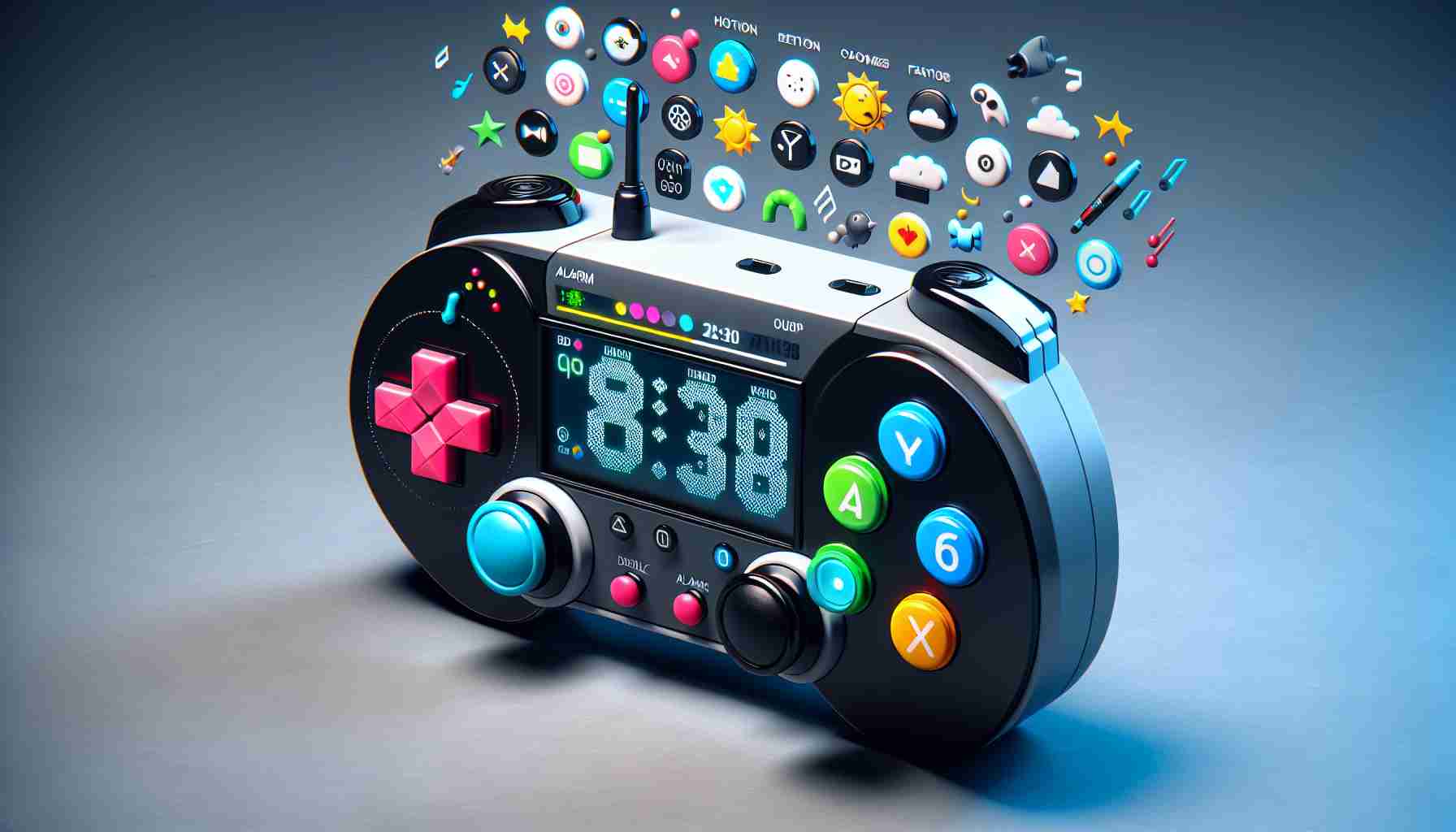 An HD image of an innovative alarm clock concept. The design is inspired by the fun and versatility of classic video game controller aesthetics, but with a unique twist. The controller buttons are cleverly integrated into the clock face, and the screen showcases time in vibrant digital format. Imaginative features such as interactive alarm settings, customizable themes, and dynamic sounds provide a joyful waking up experience.