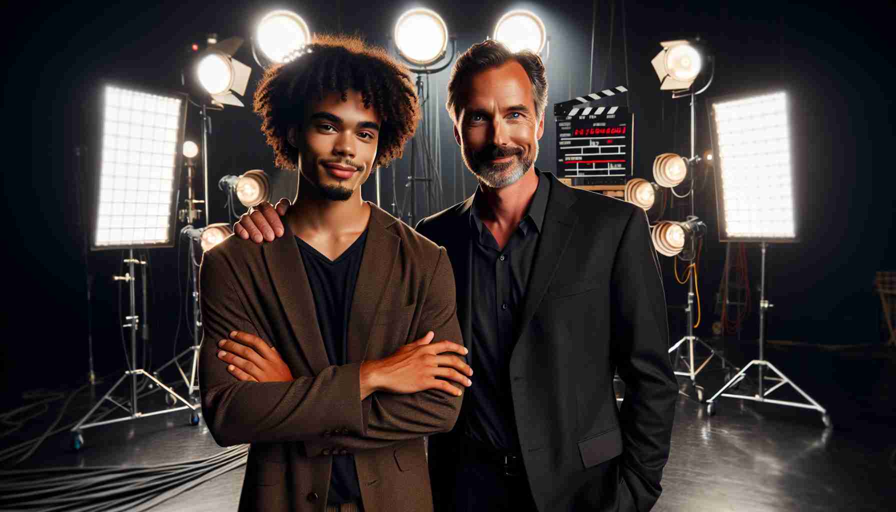 High definition image showcasing an exciting new collaboration on a project between a talented African-American actor, known for his charming and expressive acting style, and a prominent director, recognized for his high-octane action sequences and dramatic visuals. Both individuals stand in a high-end Hollywood studio with spotlights and film equipment around.