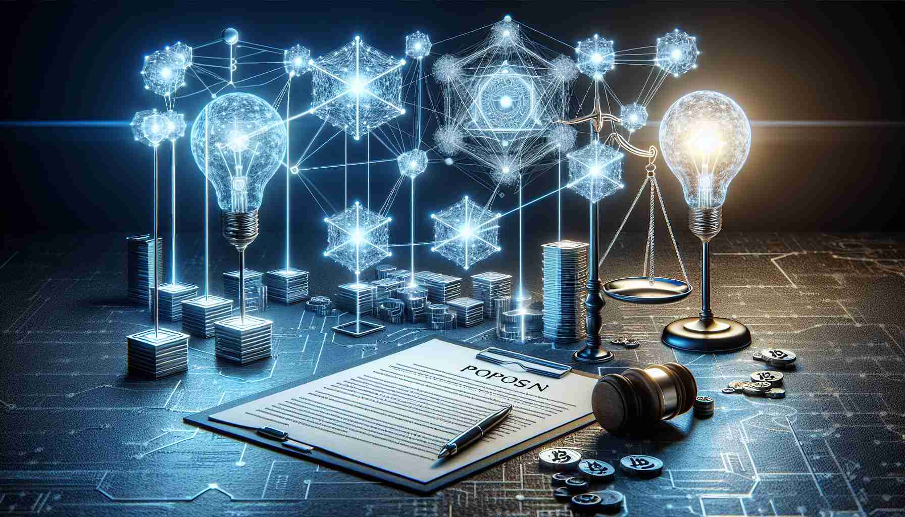 A high-definition, realistic image showing a conceptual model for innovative governance in a blockchain ecosystem. The picture should include various symbolic elements such as interconnected nodes representing blockchain network architecture, a balance scale illustrating equitable decision-making, a lightbulb signifying innovative ideas, and a proposal document with visible headings related to blockchain governance. The color scheme should be techno-centric, with hues of blue and gray predominating. Particular attention should be given to the light effects to emphasize the interconnectedness and innovation.