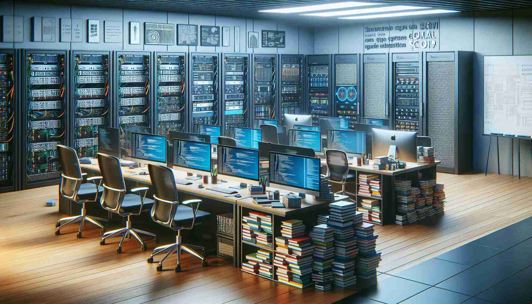 A high-definition, realistic image displaying a hub for various computing resources. It showcases a bright, open space filled with modern tech equipment like latest computers, server racks, and networking devices. Illustrated are several desks overflowing with programming books, coding manuals, and tech magazines. On the walls around, there are multiple flat-screen monitors displaying code and data visualizations. The whole setup is well-lit and organized, giving off a professional and tech-savvy vibe.