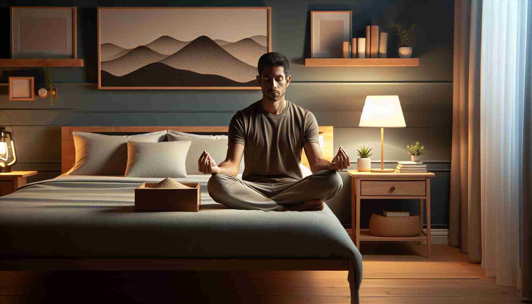 Represent an HD image portraying the concept of enhancing sleep quality with mindful techniques. Illustrate a serene bedroom ambiance with an individual practicing mindfulness before sleep. Feature an adult individual of Hispanic descent sitting cross-legged on their bed, engaged in a meditative posture. Consider detailing ambient low lighting, a neatly made bed, and a peaceful surrounding environment, highlighting tranquility and calmness. Further, include subtle visual cues to mindfulness, such as a small sand zen garden on a bedside table, and perhaps a book about mindfulness techniques.