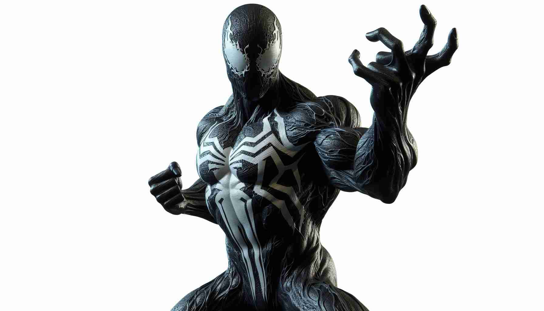 High-definition, realistic rendering of a unique creature similar in style to a comic book anti-hero. This entity appears poised in an iconic farewell stance, ready to perform an unusual concluding ritual often referred to as the 'Last Dance'. The creature is well-muscled, with oily black skin, white patterns running across it, and a menacing glint in its eyes.