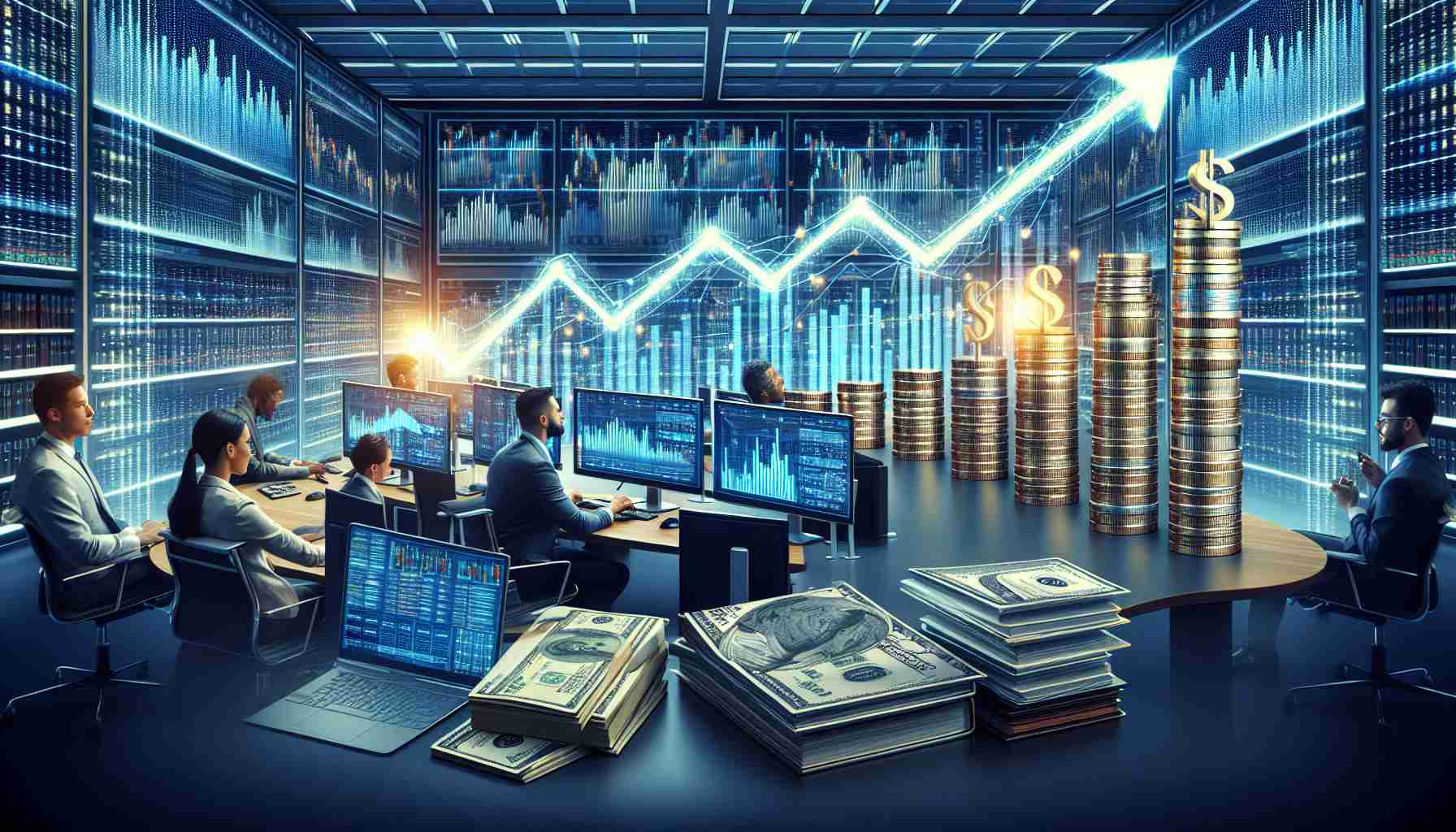 High-definition image illustrating the concept of copy trading impact on financial growth. Picture could show a well-lit, modern trading floor with a diverse group of traders – a Hispanic female trader, a Middle-Eastern male analyst looking at multiple computer screens displaying bar graphs and line graphs representing various financial data. The image can also include stacks of coins ascending in size, indicating growth, overlaid with digital line graphs showing upward trends. It could also include books or brochures with titles about trading strategies for increased profit on a sleek conference table.