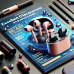 Generate a high-definition, realistic photograph of promotional materials highlighting excellent discounts on premium wireless earbuds during an October online shopping event.