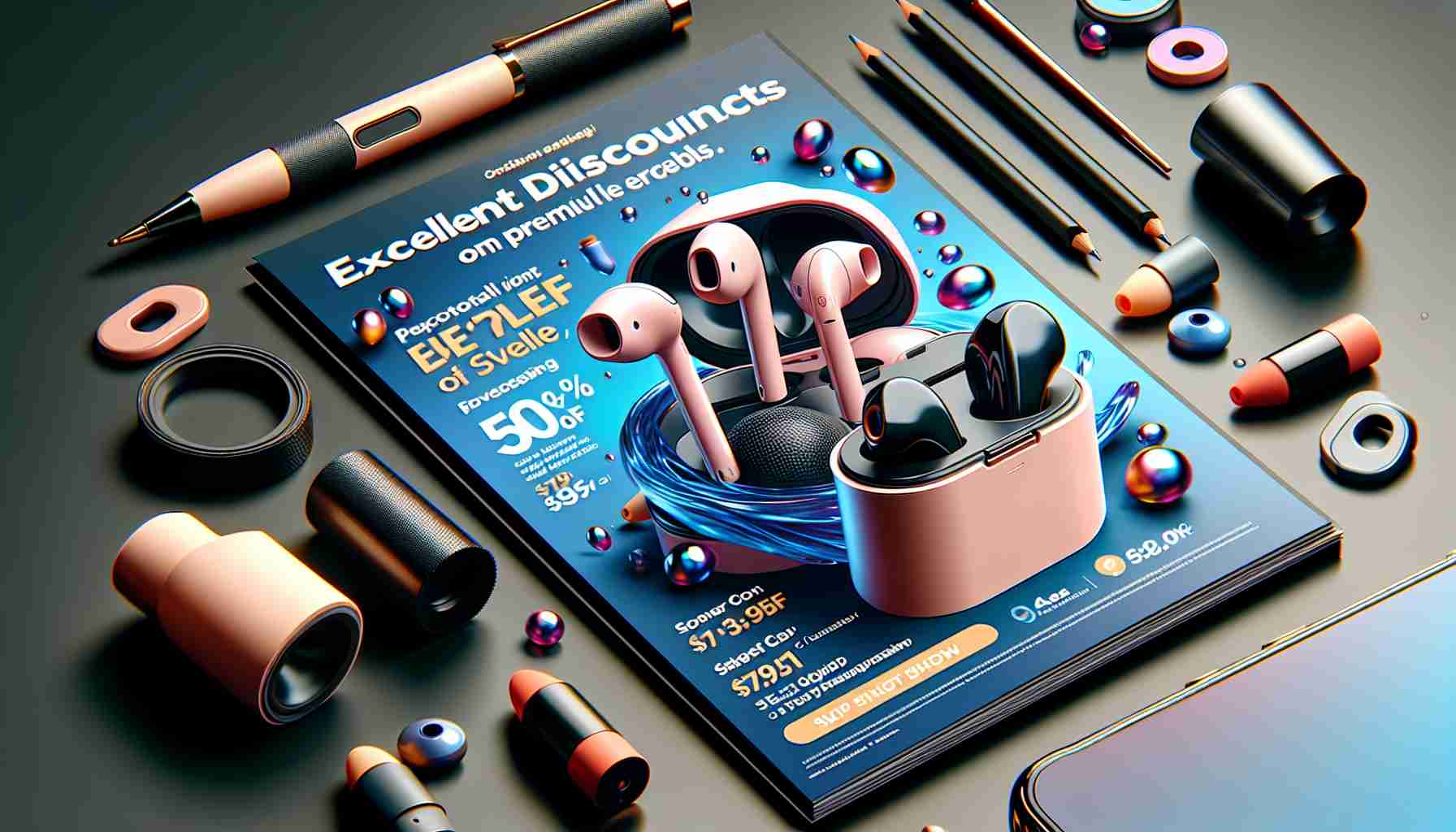 Generate a high-definition, realistic photograph of promotional materials highlighting excellent discounts on premium wireless earbuds during an October online shopping event.