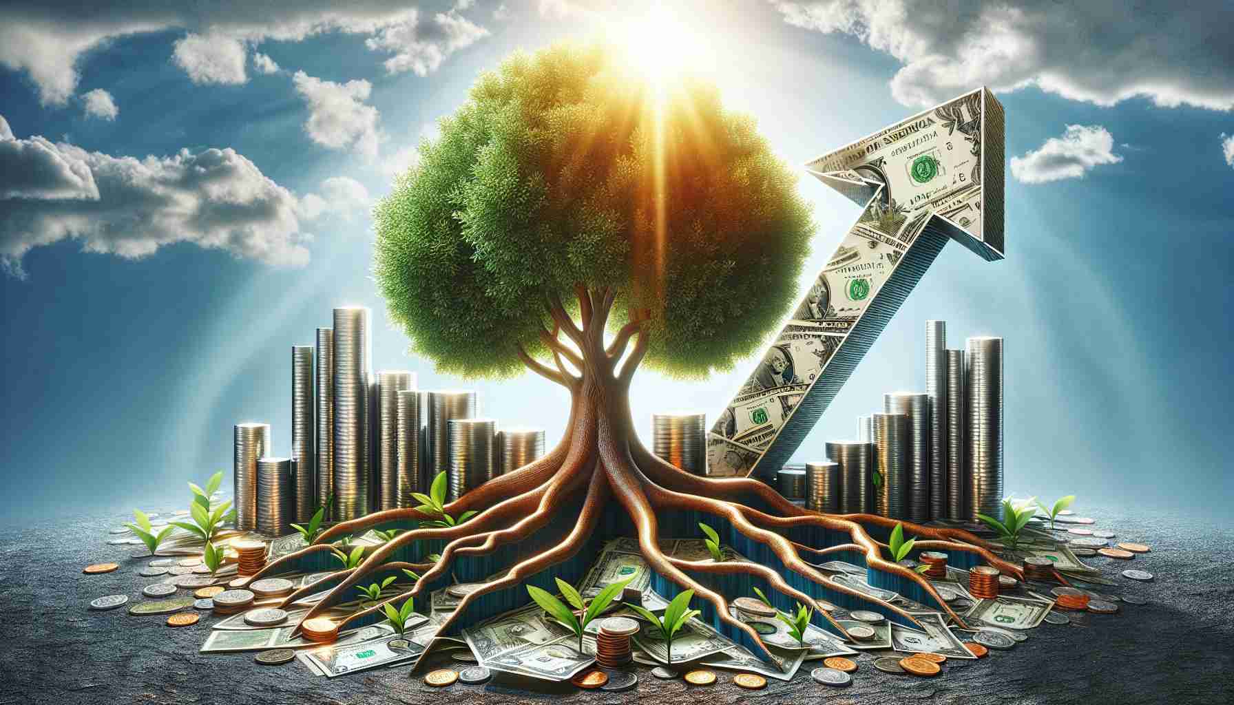 High-definition realistic depiction of a metaphoric scene representing the securement of a large credit facility by a business named 'MARA Holdings' to boost its growth. This could be shown as a vibrant, thriving tree rooted in a soil composed of currency notes and coins, symbolizing the financial investment. Meanwhile, an upward arrow carved on the bark of the tree may signify future growth, set against a bright sunny backdrop to indicate a positive business outlook.