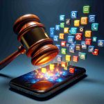 A realistic, high-definition image of a symbolic gavel striking a smartphone which is emitting illustrative icons representing apps. The imagery signifies a major, transformational judicial decision affecting an internet company's software distribution platform.