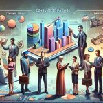 Create a highly detailed,  realistic image that symbolizes 'Consumer Behavior and Carrier Subsidies'. It can include elements like a diverse group of humanoid figures (Mid-Eastern woman, Hispanic man, White woman) analysing a bar graph demonstrating consumer behavior, and a person presenting a document marking 'Carrier Subsidies'. Paint the scenario against a backdrop of a business environment with elements like laptops, pie charts, line graphs, and monetary symbols to illustrate the concept.