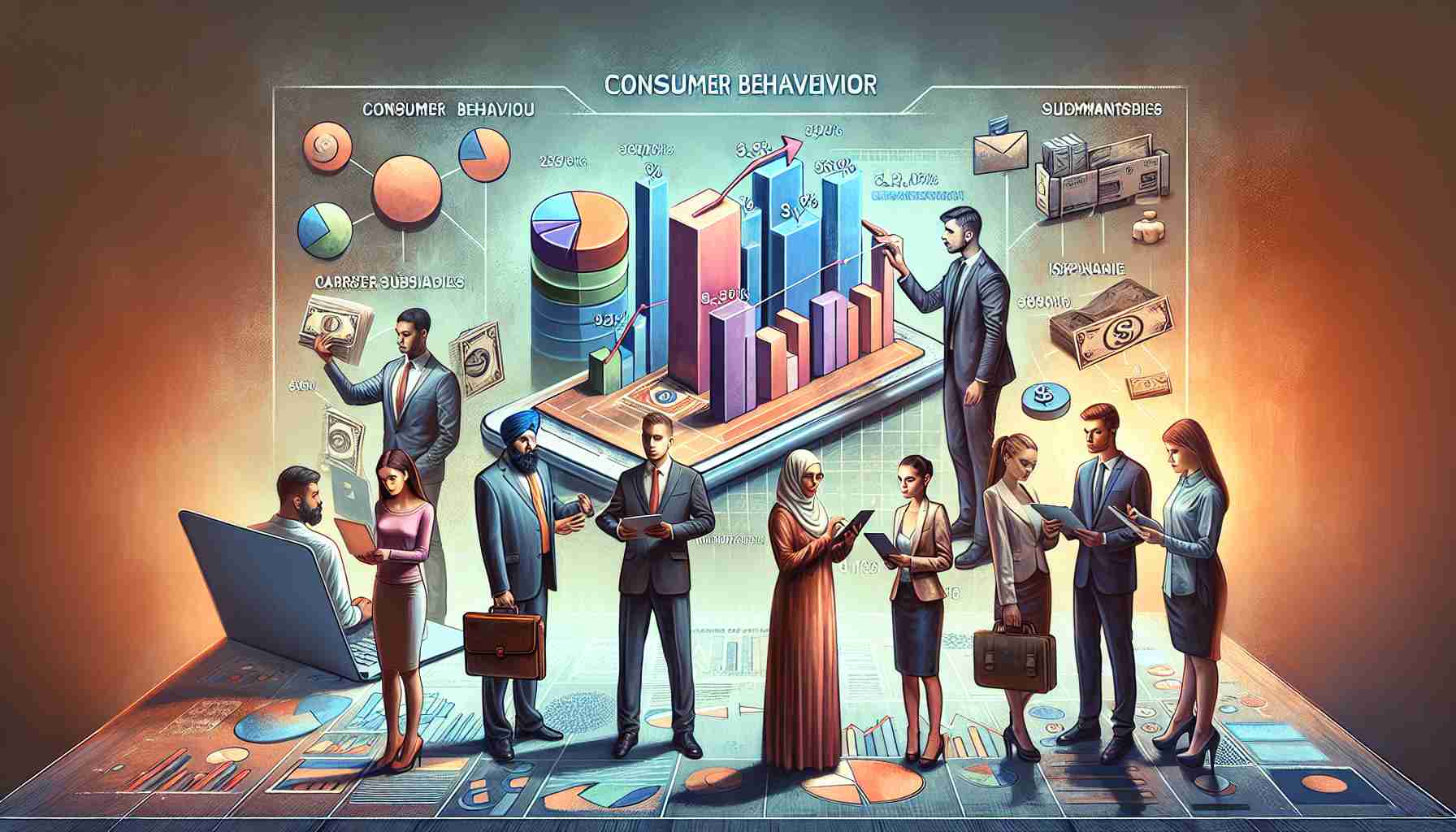 Create a highly detailed,  realistic image that symbolizes 'Consumer Behavior and Carrier Subsidies'. It can include elements like a diverse group of humanoid figures (Mid-Eastern woman, Hispanic man, White woman) analysing a bar graph demonstrating consumer behavior, and a person presenting a document marking 'Carrier Subsidies'. Paint the scenario against a backdrop of a business environment with elements like laptops, pie charts, line graphs, and monetary symbols to illustrate the concept.